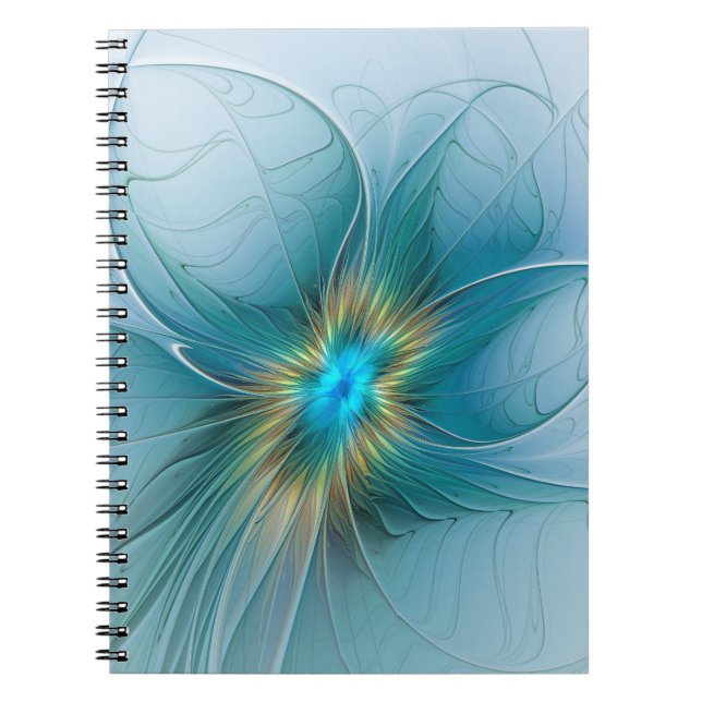 Caderno Espiral Pequena Bela Moderna Flor de Arte Fractal Azul Dou (Frente)
