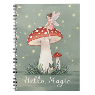 Caderno Espiral Pequena fada empoleirada sobre o cogumelo e brilha