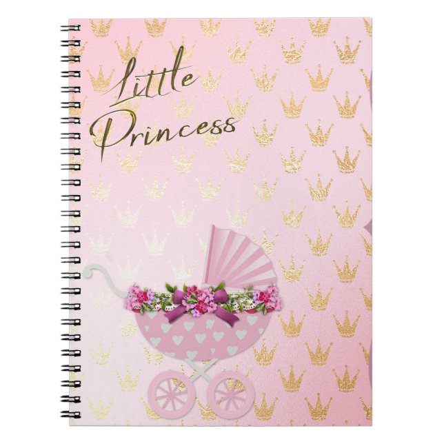 Caderno Espiral Pequena Princesa Rosa e Dourada Carruagem Bebê (Frente)
