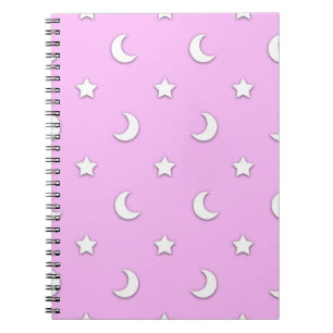 Caderno Espiral Pequenas Estrelas Brancas e Luas em Rosa