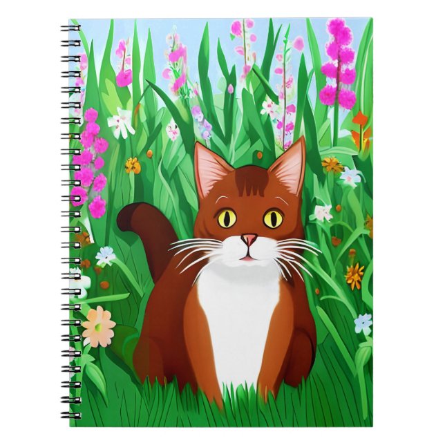 Caderno Espiral Pequeno Gatinho Ginger Brown em um Campo de Flores (Frente)