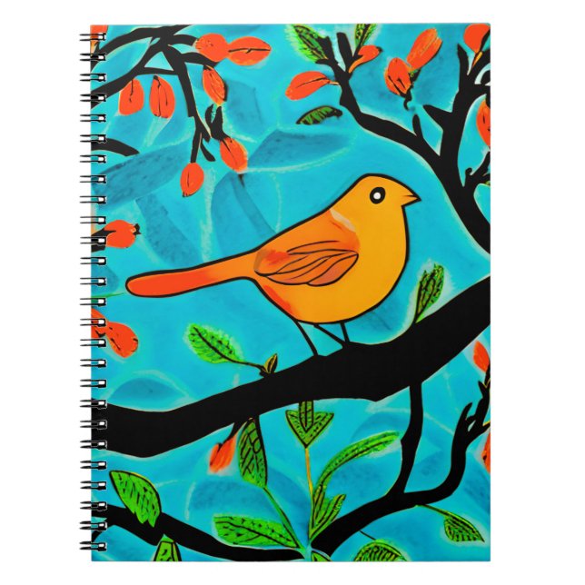 Caderno Espiral Pequeno Pássaro Laranja em um Ramal de Flor (Frente)