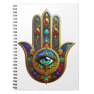 Caderno Espiral Pérola Flor Pétalas Hamsa Verde Terceiro Olho