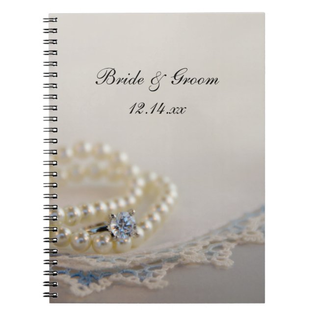 Caderno Espiral Pérolas Brancas, Anel Diamante e Casamento Azul (Frente)
