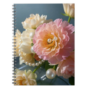 Caderno Espiral Pérolas com flores rosadas