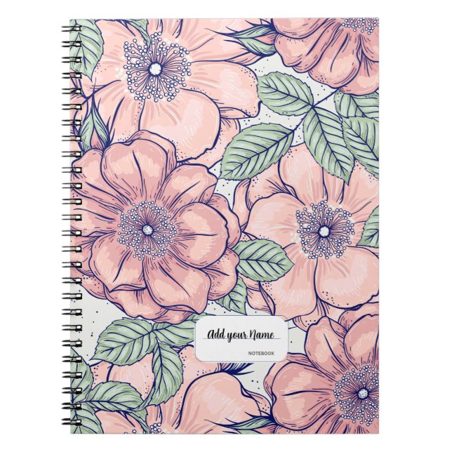 Caderno Espiral PERSONALISED Pink Flower Pattern Notebook Journal (Frente)