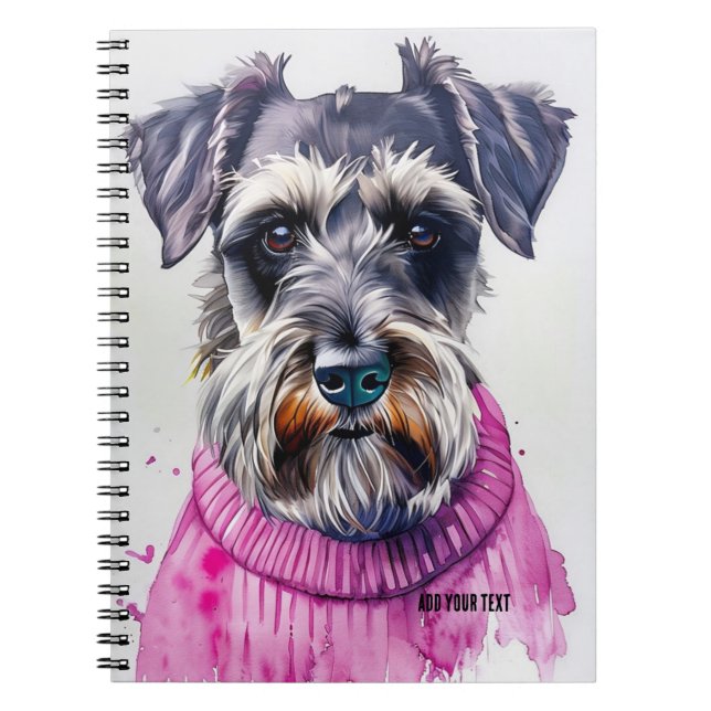 Caderno Espiral PERSONALIZAÇÃO: Cachorro Schnauzer em Suéter Rosa (Frente)
