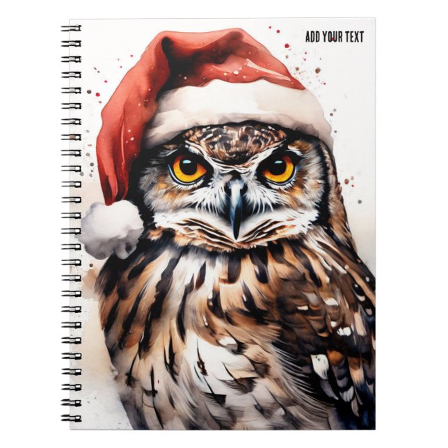 Caderno Espiral PERSONALIZAÇÃO: Coruja com chapéu de Natal | Cader (Frente)