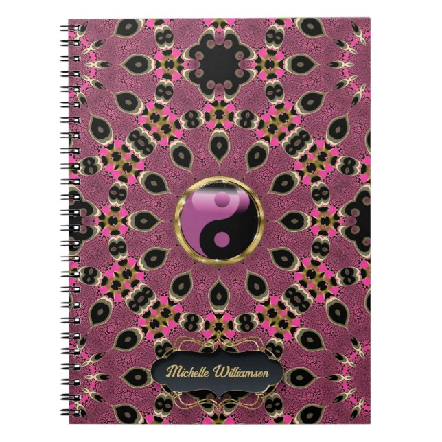 Caderno Espiral Personalizado de Mandala Pink Black Yin Yang Peaco (Frente)
