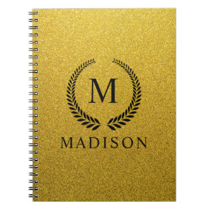 Caderno Espiral Personalizado Dourado Preto e Glitter Monograma 