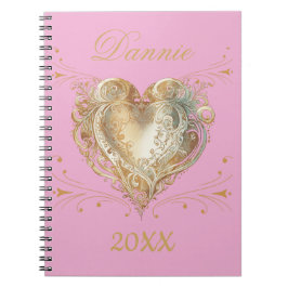 Caderno Espiral Personalizado Elegante de Coração Rosa e Dourado
