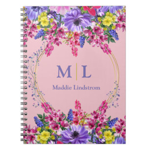 Caderno Espiral Personalizado Floral Multicolor Rosa Bonito Monogr