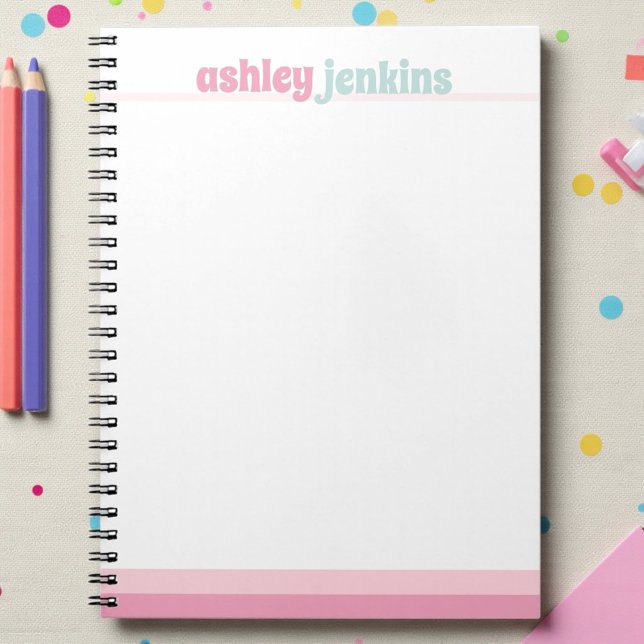 Caderno Espiral Personalizado Rosa e Verde-Menta (Custom name notebook in pastel pink and mint colors)