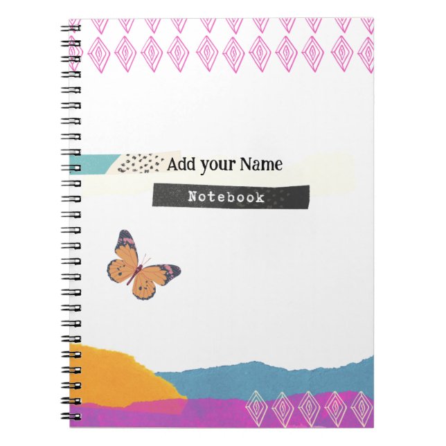 Caderno Espiral PERSONALIZAR: Borboleta Minimalista e Padrão | (Frente)