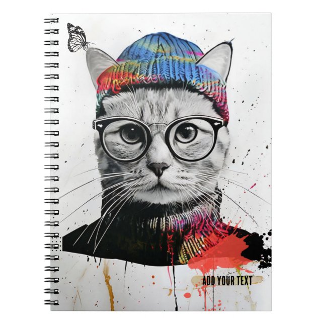 Caderno Espiral PERSONALIZAR: Gato Hipster | Diário para notebook (Frente)