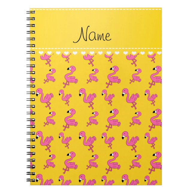 Caderno Espiral Personalizar nome amarelo rosa flamingos (Frente)