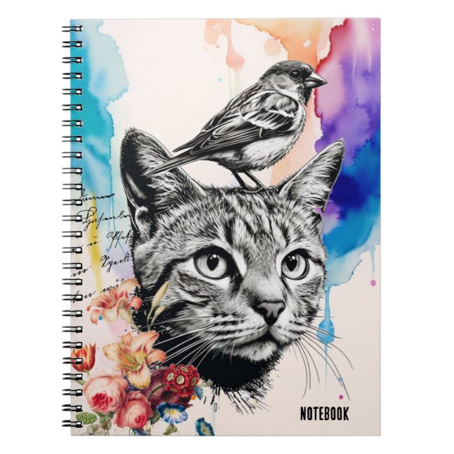 Caderno Espiral PERSONALIZAR: um Gato + um Pássaro | Diário para n (Frente)