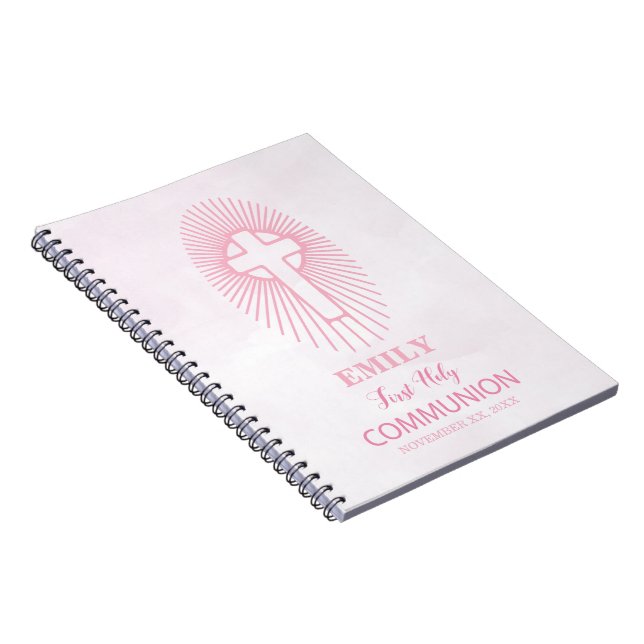 Caderno Espiral Personalize, Cruz da Primeira Comunhão Rosa (Lado Direito)
