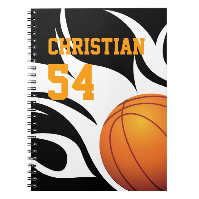 Caderno Espiral Personalize o basquetebol flamejante B/W (Frente)