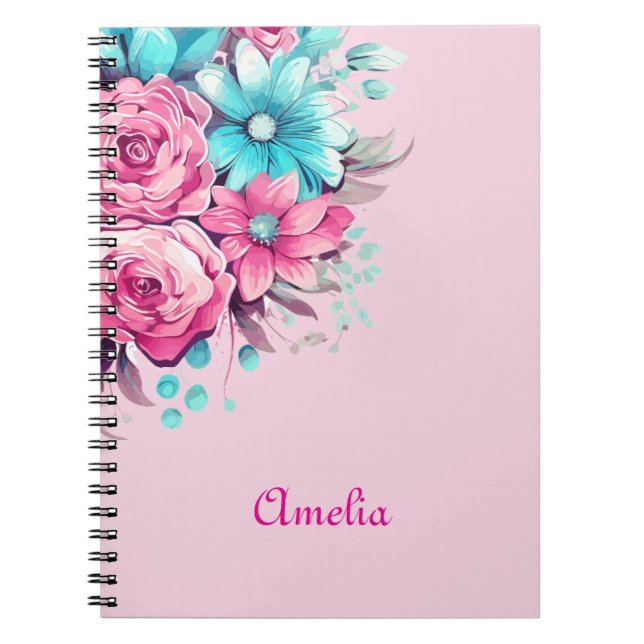 Caderno Espiral Personalize Pretty Pink & Teal Watercolor Florals  (Frente)