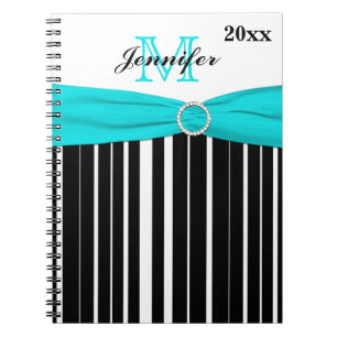 Caderno Espiral Personalized Black Aqua White Striped Notebook