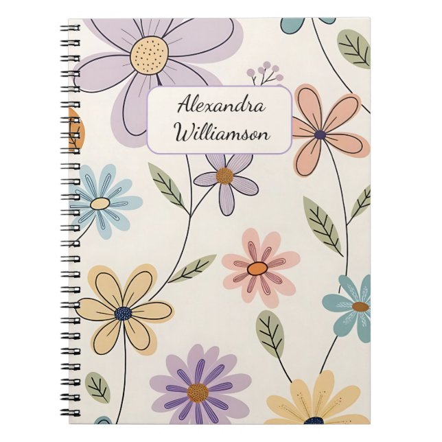 Caderno Espiral Personalized Floral Notebook – Custom Name Pastel (Frente)