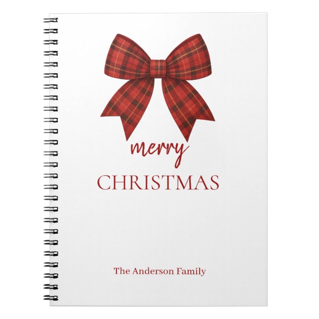 Caderno Espiral Personalized Merry Christmas | Red Plaid Bow (Frente)