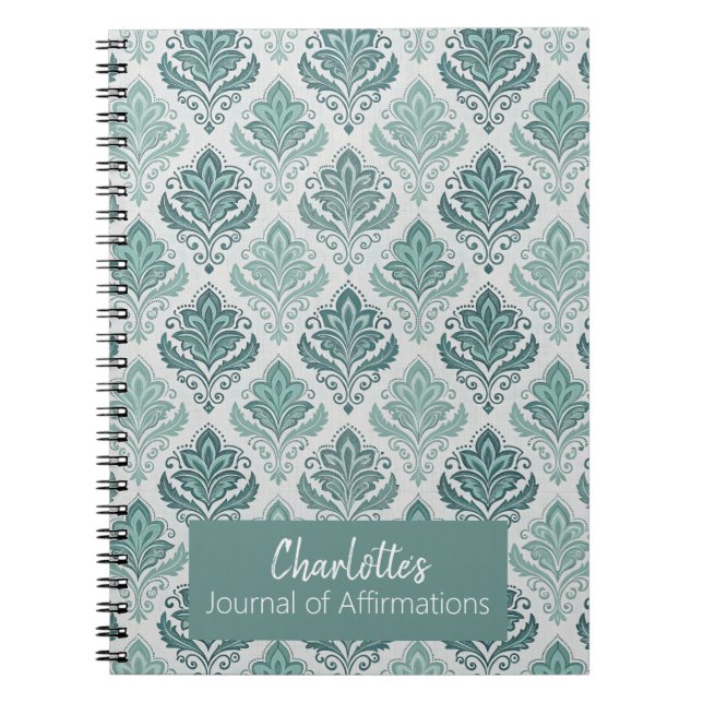 Caderno Espiral Personalized Modern Teal Nordic Damask (Frente)