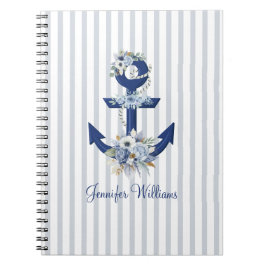 Caderno Espiral Personalized Nautical Floral Navy Stripes