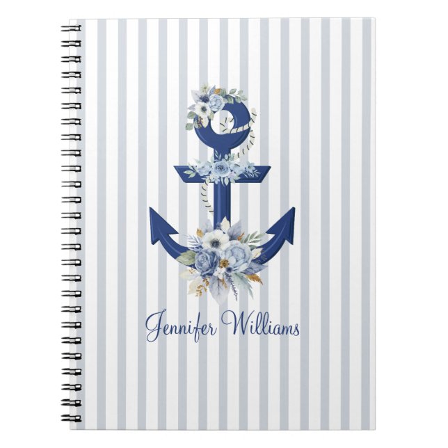 Caderno Espiral Personalized Nautical Floral Navy Stripes (Frente)
