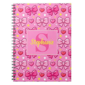 Caderno Espiral Personalized Pink Bows Hearts Stars