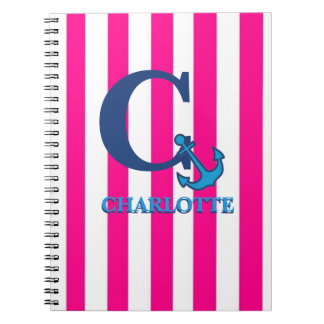 Caderno Espiral Personalized Pink Stripes Navy Blue Anchor