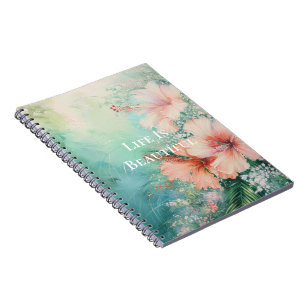 Caderno Espiral Pêssego Branco Tropical Hibiscus Floral