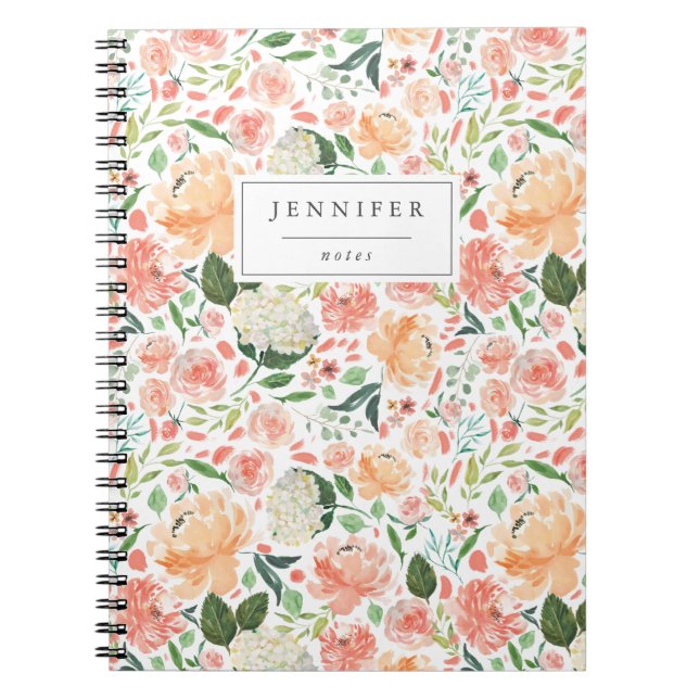 Caderno Espiral Pêssego de Aquarela e Padrão Floral Branco (Frente)