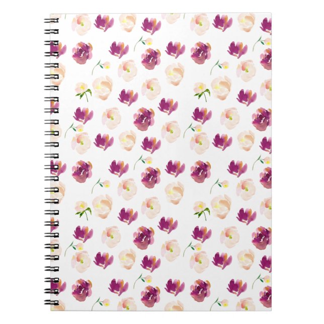 Caderno Espiral Pêssego Rosa Borgonha Aquarela Floral (Frente)