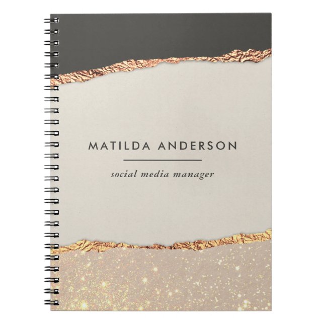 Caderno Espiral Pessoal Glitter Preto Creme Dourado Faux Folha (Frente)
