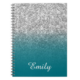 Caderno Espiral Pessoal Prateado Brilho e Teal Ombre