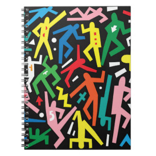 Caderno Espiral Pessoas dançantes, padrão de conjunto de rabiscos.