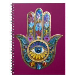 Caderno Espiral Pétalas Coloridas Folhas Hamsa Safira Terceiro Olh