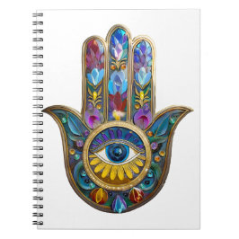 Caderno Espiral Pétalas Coloridas Folhas Hamsa Safira Terceiro Olh