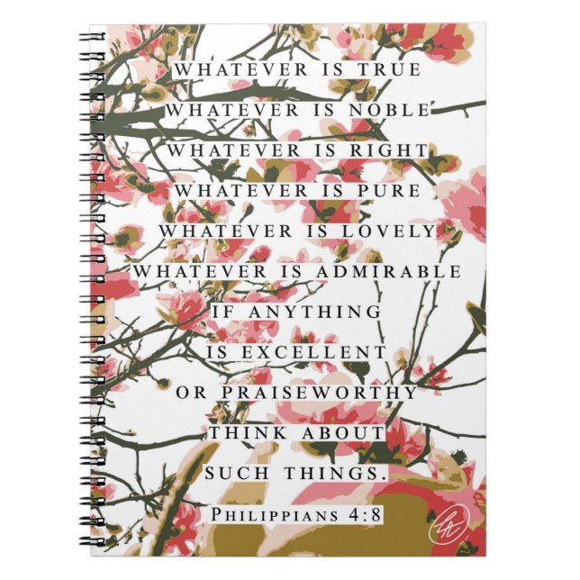 Caderno Espiral Philippians 4:8 Floral (Frente)