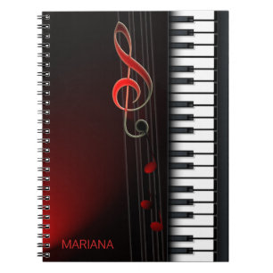 Caderno Espiral Piano abstrato preto e Clef vermelho