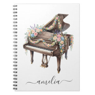 Caderno Espiral Piano de Cauda Elegante Personalizado com Flores
