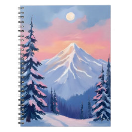 Caderno Espiral Picos Invernais Sussurrantes Montanha Rosa Pastel 