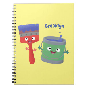 Caderno Espiral Pincel de pintura e personagens de desenho animado