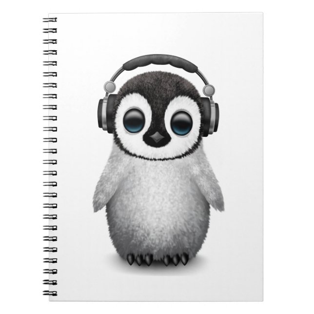 Caderno Espiral Pinguim bonito customizável DJ do bebê com fones (Frente)
