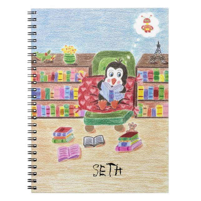 Caderno Espiral Pinguim de leitura inteligente notebook personaliz (Frente)