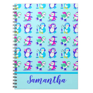 Caderno Espiral Pinguins de inverno colorido, bonitos, personaliza