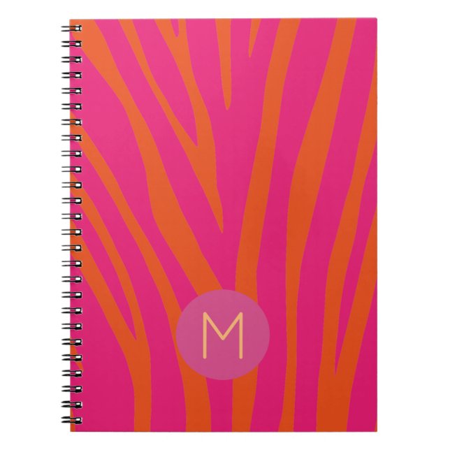 Caderno Espiral Pink and Orange Zebra Stripes Modern Monogram (Frente)