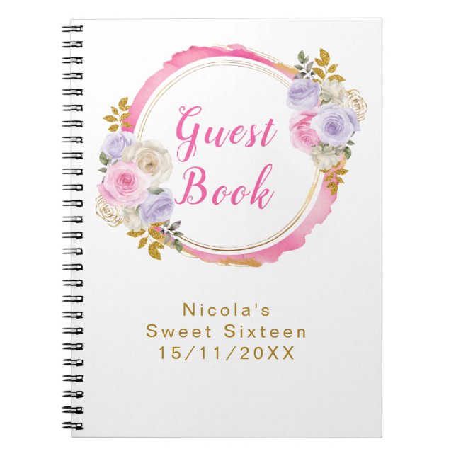 Caderno Espiral Pink and Purple Elegant Flowers Sweet Sixteen (Frente)